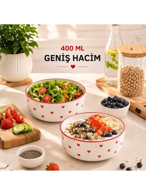 Myg Plus 2'li Seramik Kase Seti 400 Ml, 15 cm Salata Kasesi, Kahvaltılık Yoğurt Çorba ve Meze Kasesi, Porsiyon Kontrollü Diyet Kase, Sunum Için Şık Bowl Seti, Kırmızı*kalpi