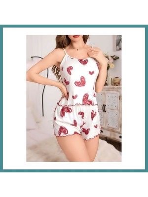 Trendexa Kadın Beyaz Kalp Desenli Şortlu Gecelik Pijama Takımı 5052 · Beden: S/m · Renk: Beyaz Mac