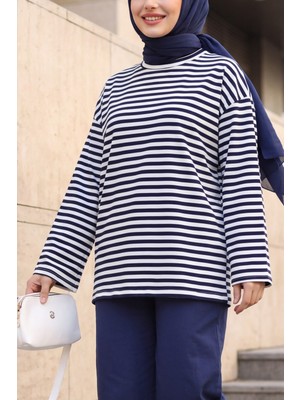 Moda Morfo Bisiklet Yaka Kalın Çizgili Likralı Oversize Sweat -Koyu Lacivert