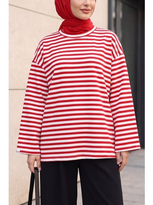 Moda Morfo Bisiklet Yaka Kalın Çizgili Likralı Oversize Sweat -Kırmızı