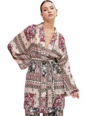 Odea Etnik Desenli Kimono Beli Kuşak Detaylı