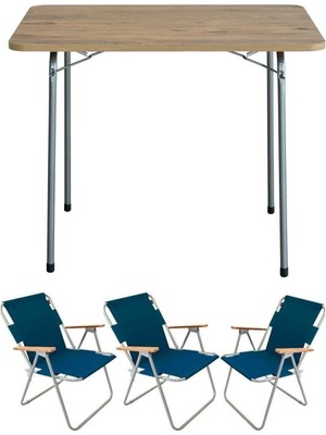 Bofigo 60X80 Çam Katlanır Masa + 3 Adet Katlanır Sandalye Kamp Seti Bahçe Balkon Takımı Mavi