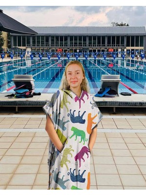 Odea Sporsuit Tiger Unisex Havlu Panço Yüzücü Yarış Antrenman Havuz ve Deniz Için Kapüşonlu Bornoz
