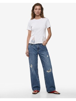 Odea Pamuklu Slim Fit Kısa Kollu Bisiklet Yaka Dantel Detaylı Volümlü Peplum Kesim Tişört