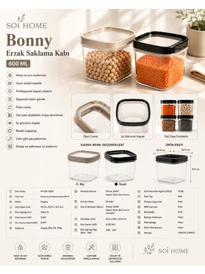 Odea Ürün Adı: Soi Home Bonny 600 ml Erzak Saklama Kabı, Sızdırmaz Kapaklı Şeffaf Gıda Saklama Kabı