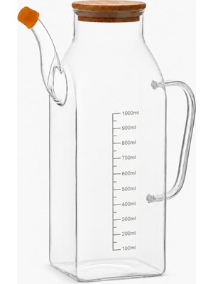 Odea Bambu Kapaklı Cam Yağdanlık 1000 ml Ölçü Göstergeli Kare Tasarım