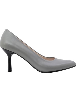 Hobby Kadın Gri Hakiki Deri Sivri Burun 8 cm Ince Topuklu Stiletto Ayakkabı