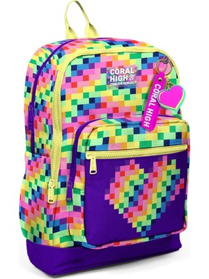 Coral High Kız Çocuk Mor Piksel Kalp Desenli Ilkokul Sırt Çantası (Dört Bölme) 33208