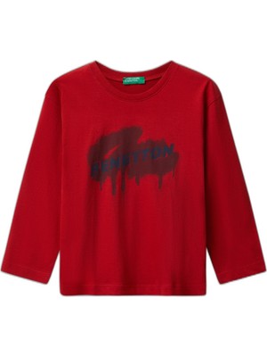 Rafta Benetton Erkek Çocuk Kırmızı Organik Pamuklu Önü Logo Baskılı Uzun Kollu Jarse T-Shirt, Kırmızı, 2-3 Yaş
