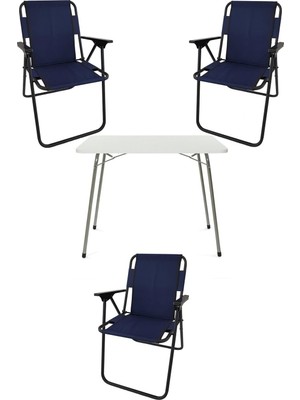 Bofigo 60X80 Beyaz Katlanır Masa + 3 Adet Katlanır Sandalye Kamp Seti Bahçe Takımı Lacivert