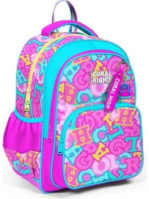 Rafta Coral High Üç Bölmeli Ilkokul Okul Çantası - Kız Çocuk - Pembe Su Yeşili Harf Baskılı - 33241