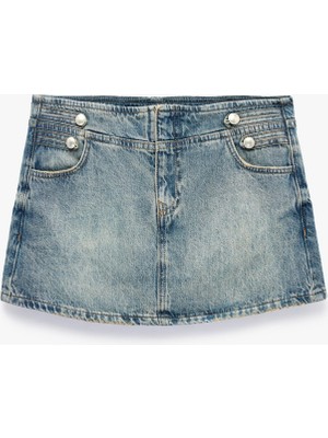 Rafta Pamuklu Düğmeli Slim Fit Mini Denim Şort Etek