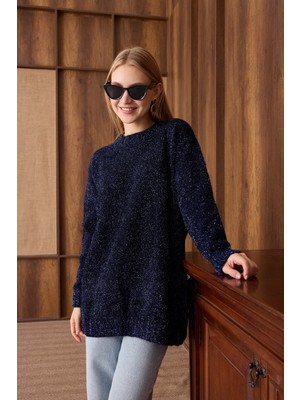 Suede Style 51114 - Şık Rahat Simli Kadın Triko Uzun Kazak
