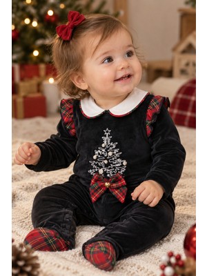 Baby Hola Kız Bebek Yılbaşı Çam Ağacı Nakışlı Ekose Fiyonklu Kadife Patikli Tulum 13418