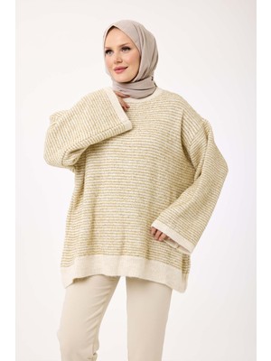 Suede Style 51172- Şık Rahat Simli Kadın Triko Uzun Kazak