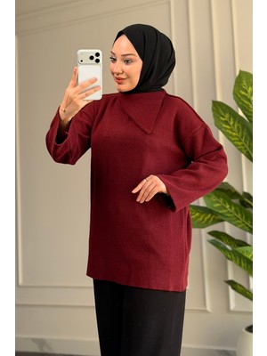 Suede Style 44406 - Şık Rahat Keçe-Polyester Kadın Triko Uzun Kazak