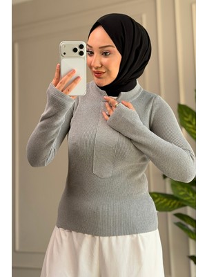 Suede Style 44327 - Şık Rahat Yumuşak Pamuklu-Polyester Yarım Pat Düğme Detaylı Kadın Triko Kısa Kazak