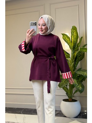 Suede Style 44478 - Şık Rahat Rayon Çizgili Manşet Detaylı Kadın Uzun Dökümlü Ince Triko Kazak