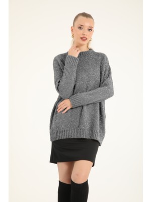 Suede Style 51114 - Şık Rahat Simli Kadın Triko Uzun Kazak