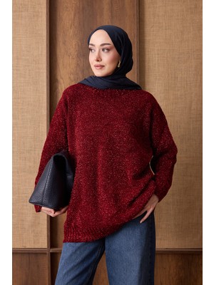 Suede Style 51114 - Şık Rahat Simli Kadın Triko Uzun Kazak