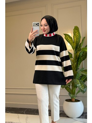 Suede Style 44472 - Şık Rahat Rayon Çizgili Kadın Uzun Dökümlü Ince Triko Kazak