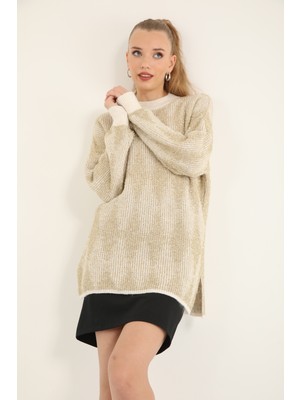 Suede Style 51118 - Şık Rahat Simli Kadın Triko Uzun Kazak
