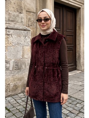 Lale Butik Kadın Sert Kadife Dokulu Beli Büzgülü Astarsız Yelek 6068 Bordo