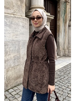 Lale Butik Kadın Sert Kadife Dokulu Beli Büzgülü Astarsız Yelek 6068 Kahverengi