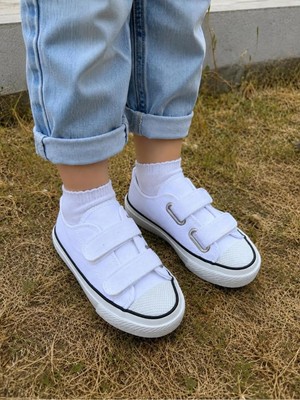 Scarpe Magiche Unisex Beyaz Kalın Tabanlı Cırtlı Keten Spor Ayakkabı