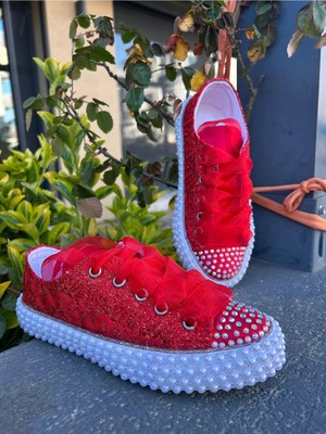 Scarpe Magiche Kına Gecesi Kırmızı Dantelli Taşlı Ayakkabı