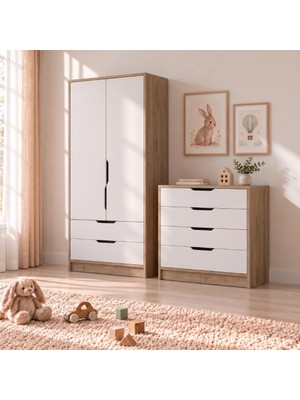 Bimossa TK2210 Winnie 2 Kapaklı Gardırop ve 4 Çekmeceli Şifonyer Takımı Sepet-Beyaz, Çocuk Odası Takımı