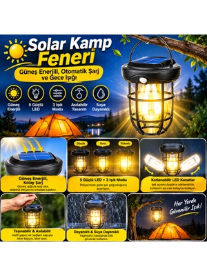 Bezos Solar Kamp Feneri – Güneş Enerjili, Otomatik Şarj ve Gece Işığı, Taşınabilir ve Asılabilir LED Dış Mekan Lamba Nhr