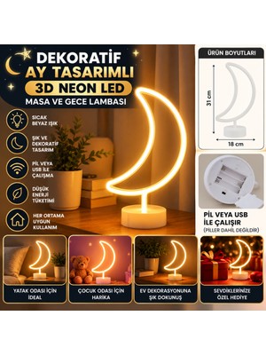 Bezos Dekoratif Pilli Ay Tasarımlı 3D Neon LED Masa ve Gece Lambası Nhr