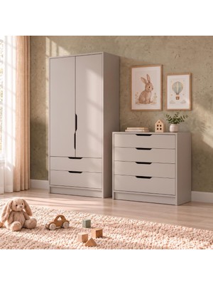 Bimossa TK2230 Winnie 2 Kapaklı Gardırop ve 4 Çekmeceli Şifonyer Takımı Kumtaşı, Çocuk Odası Takımı