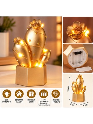 Bezos LED Işıklı Sevimli Kaktüs Dekoratif Masa Lambası Mini Biblo Gece Lambası Gold Nhr