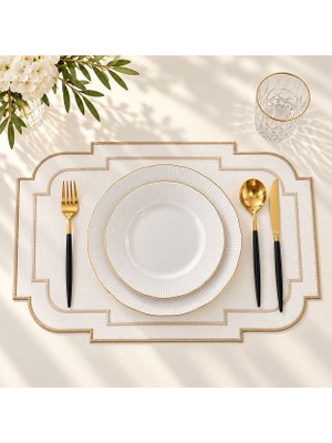 Lilies Atelier Beyaz Gold Çizgili 6 Adet Takım Amerikan Servis Keten Sofra Takım