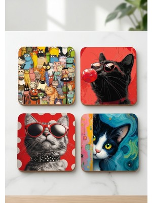 Purplesky Eğlenceli Kediler ve Pop-Art Kedi Temalı Özel Baskı Bardak Altlığı 4 Lü Set