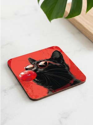Purplesky Pop-Art Siyah Kedi Tasarımlı Modern Kare Bardak Altlığı