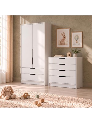 Bimossa TK2240 Winnie 2 Kapaklı Gardırop ve 4 Çekmeceli Şifonyer Takımı Beyaz, Çocuk Odası Takımı