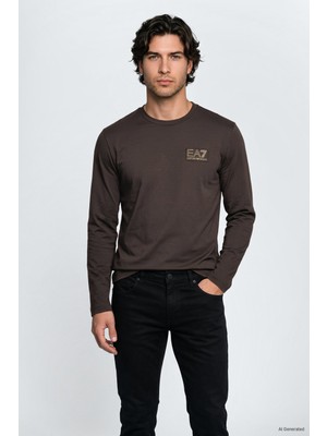 EA7 Erkek Normal Kalıp Yuvarlak Yakalı Uzun Kollu Kahverengi T-Shirt 7M002240 AF13739-U6027