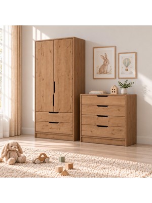 Bimossa TK2250 Winnie 2 Kapaklı Gardırop ve 4 Çekmeceli Şifonyer Takımı Sepet, Çocuk Odası Takımı