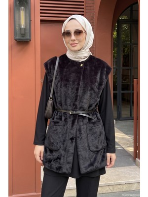 Lale Butik Seyyar Kemer ve Cep Detay Peluş Yelek 15303 Siyah