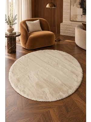 Dekoset Home Tavşan Tüyü Düz Bej Yuvarlak Yumuşak Yıkanabilir Tabanlı Peluş Halı
