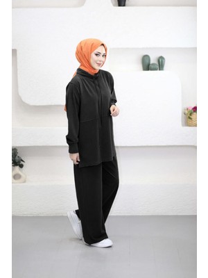 Suede Style 6386 - Şık Rahat Manu Yumuşak Örme Kumaş Kol Düğme Detaylı Kadın Takım