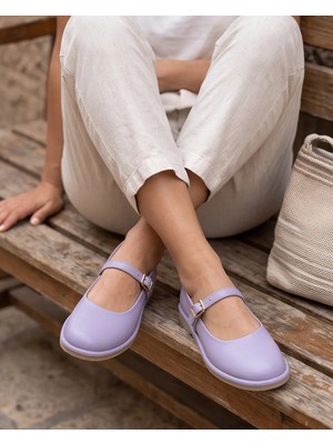 Futsi Shoes Sora Lila Hakiki Deri Rahat Kalıp Mary Jane Tokalı Kadın Babet
