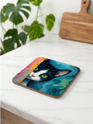 Purplesky Sanatsal Kedi Temalı Özel Baskı Dekoratif Bardak Altlığı