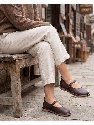Futsi Shoes Sora Acı Kahverengi Hakiki Deri Rahat Kalıp Mary Jane Tokalı Kadın Babet