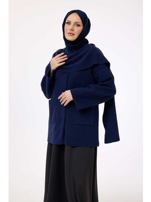 Suede Style 44165 - Şık Rahat Şal Aksesuarlı Düğmeli Keçe Kadın Triko Uzun Hırka