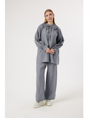 Suede Style 6374 - Şık Rahat Yumuşak Modal Kumaş Yaka ve Bel Bağlama Detaylı Salaş Kadın Takım