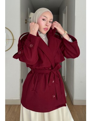 Tesettür Diyarı Poka Astarlı Cepli  Kuşaklı Kaşe Tesettür Kaban- Bordo